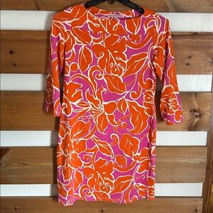 Barbara Gerwit Elegant Floral 3/4 Sleeve Knee Length Dress Orange/Pink Size M
